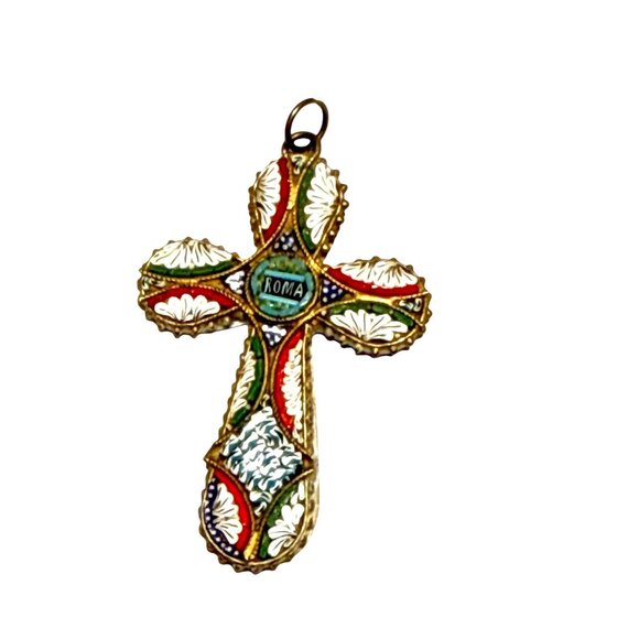 Vintage Italian Micro Mosaic Cross Pendant Roma Religious Enamel Jewelry - Picture 2 of 8